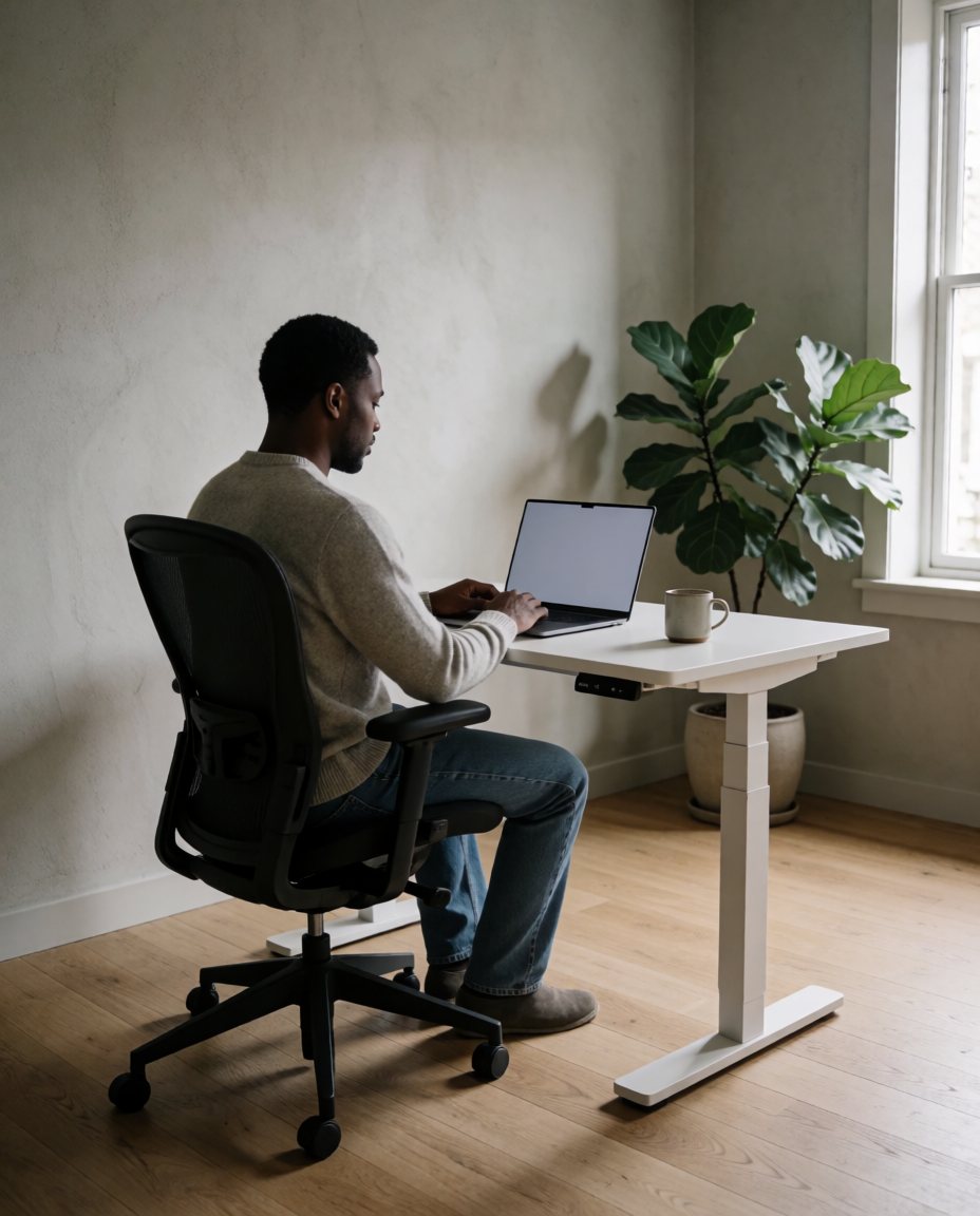 Man sitting in an ergonomic chair at a lowered white standing desk