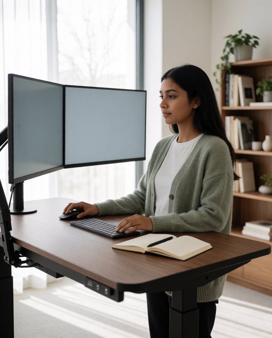 Woman standing at an electric standing desk with two monitors