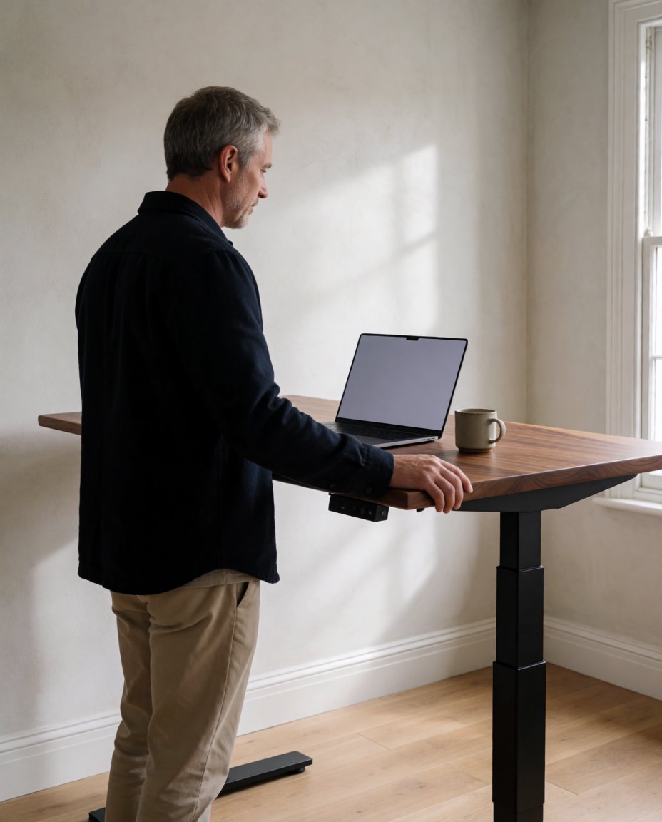 Man standing at a raised walnut standing desk in his home office