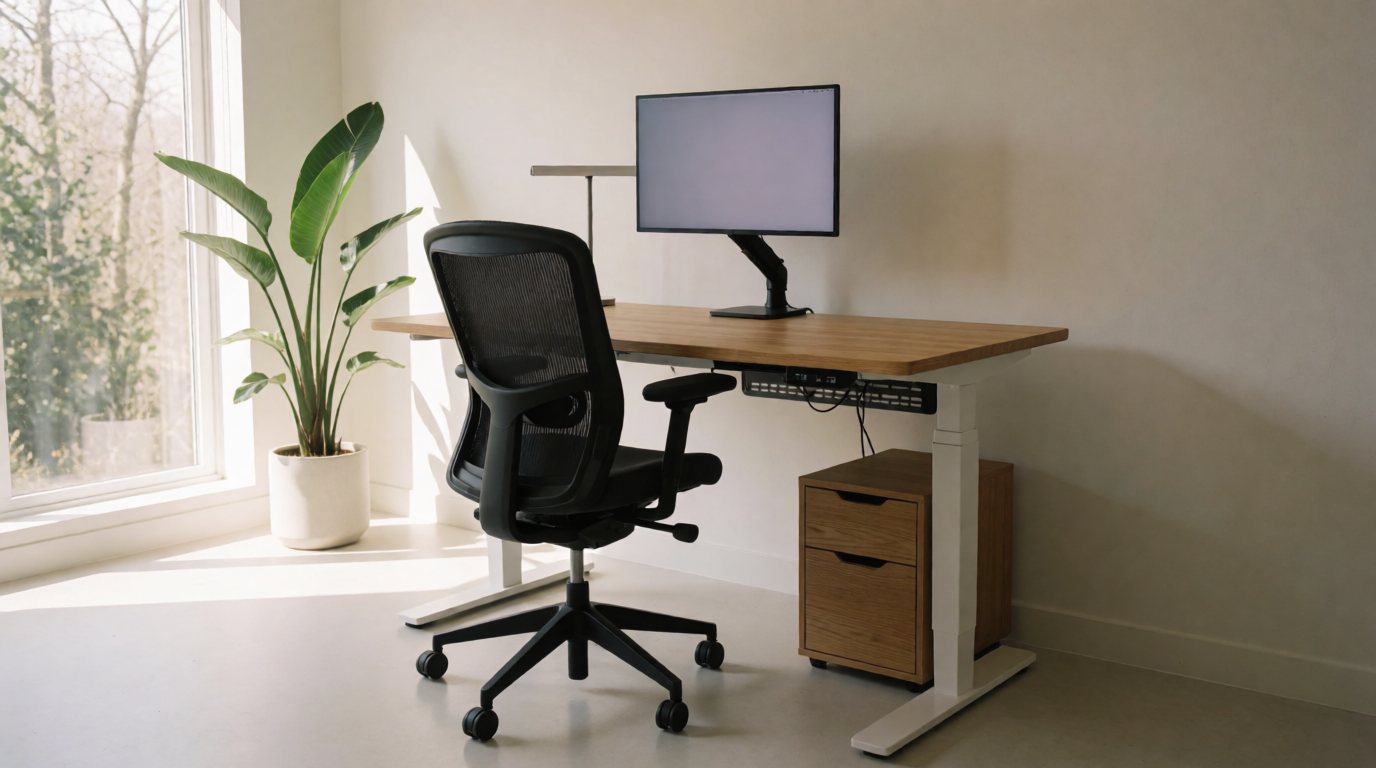 Tidy home office with an oak and white standing desk, mesh office chair, monitor arm and drawer unit