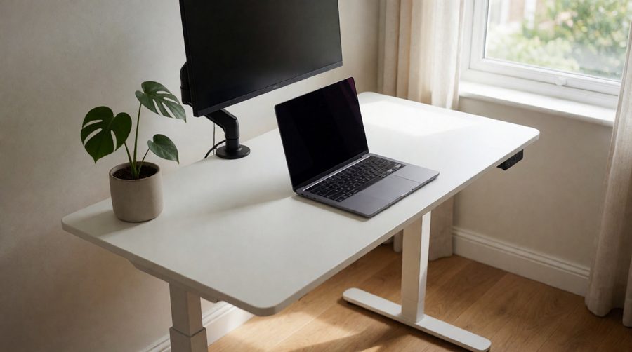 White 120cm desk raised to standing height in a bedroom home office