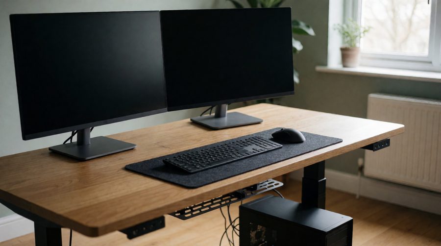 120cm desk with two 24-inch monitors and the PC tower on the floor