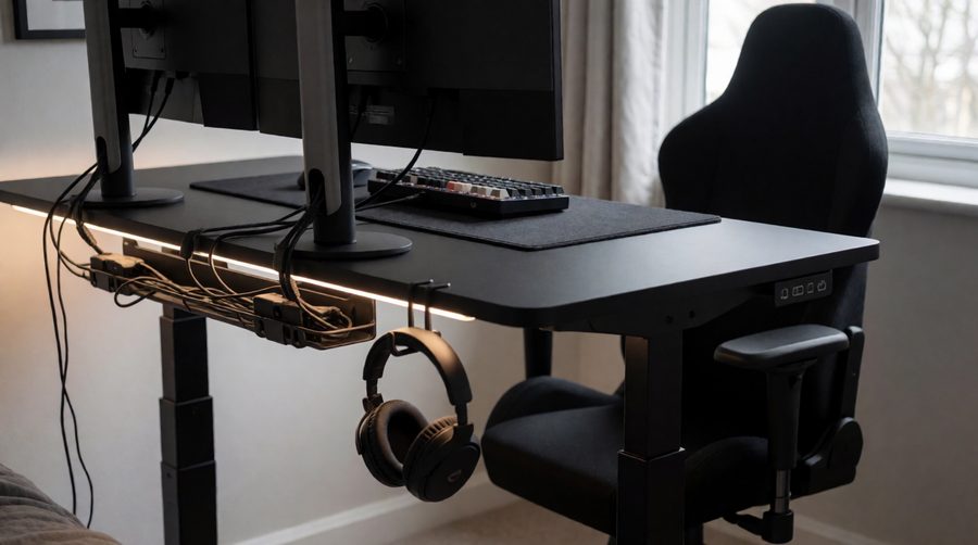 Black adjustable gaming desk with two monitors, a headset hook and an under-desk cable tray
