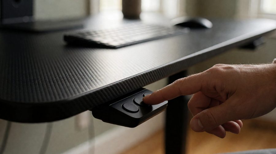 Pressing a memory preset on the keypad of an adjustable gaming desk with a carbon-fibre effect top