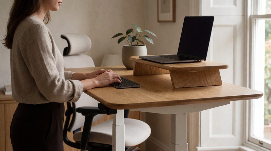 Woman working at adjustable height sit stand desks raised to standing height in a home office