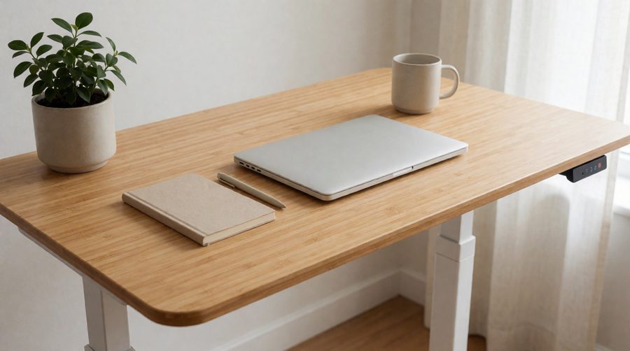 Bamboo desk with white sit-stand frame in a bright home office