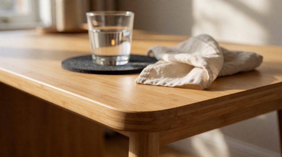 Close-up of a bamboo desk top edge with a coaster and cloth