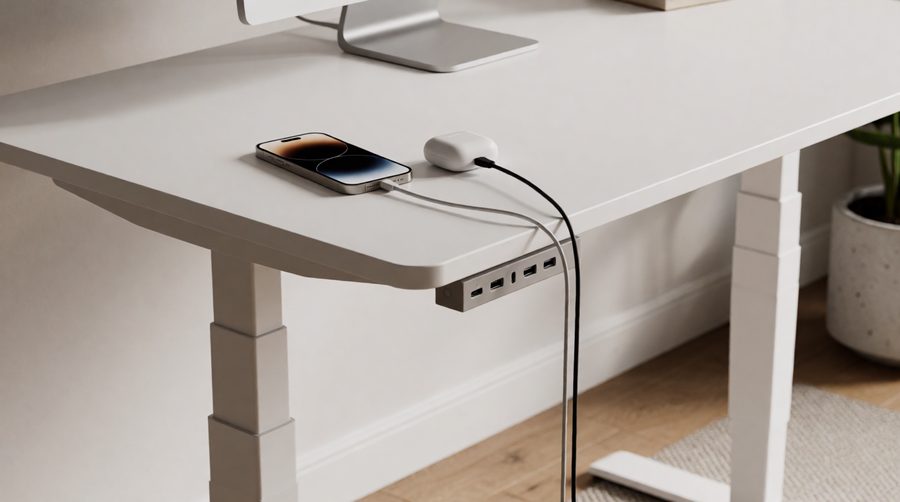 Desk with USB port and outlet module under the front edge, charging a phone and earbuds