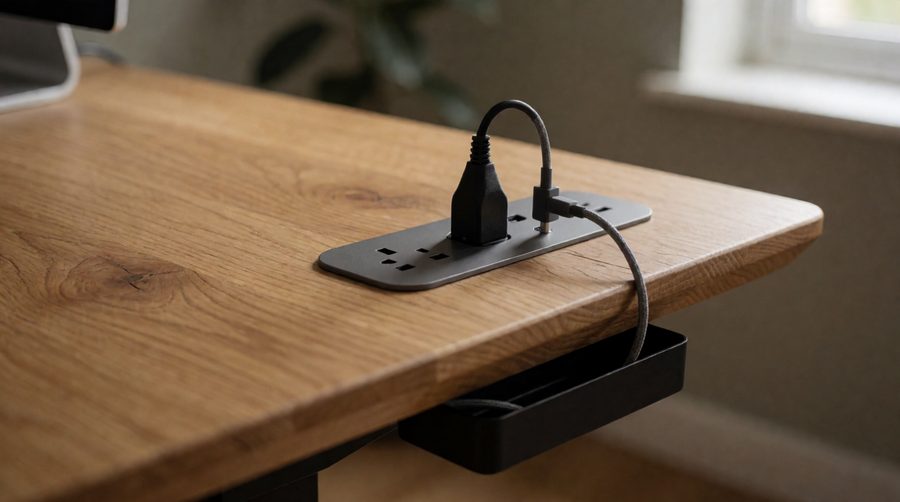 Oak sit-stand desk with a built-in power module, sockets and charging points, cables routed into a tray