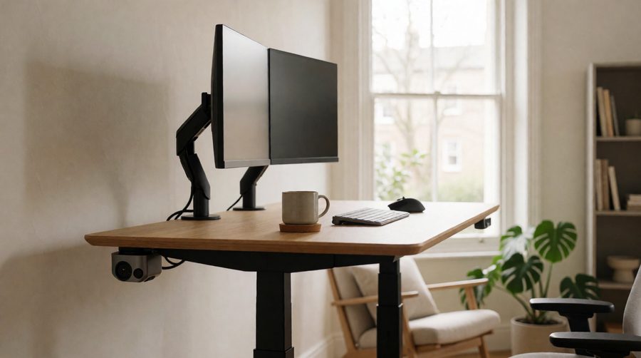 Dual motor standing desk raised to standing height with two monitors in a home office