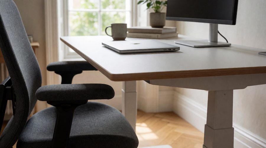 Electric desk with anti-collision system lowering towards an office chair armrest