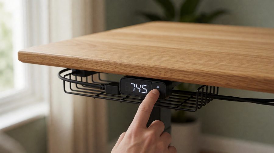 Hand pressing the height controller on a wooden standing desk with cables in a tray