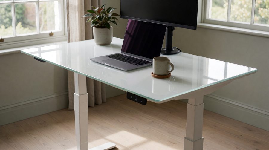 White glass top desk raised on an electric standing frame in a bright home office
