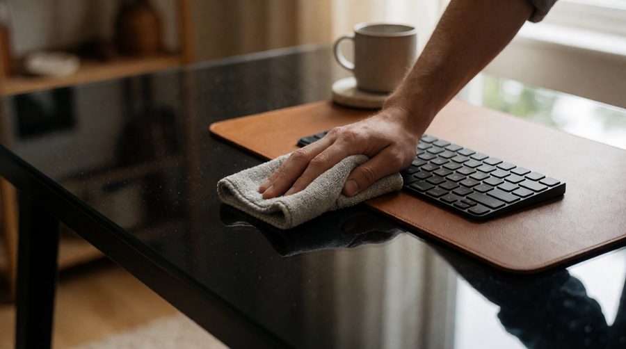Wiping fingerprints from a black glass desk surface with a microfibre cloth