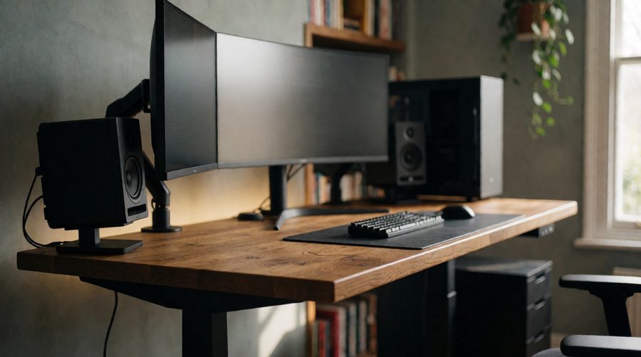 Heavy duty desk with an oak top carrying an ultrawide monitor, PC tower and speakers