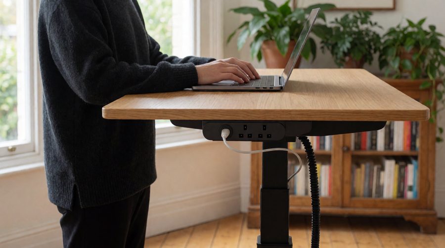 Electric standing desk with a socket unit under the desktop and a cable spine to the floor