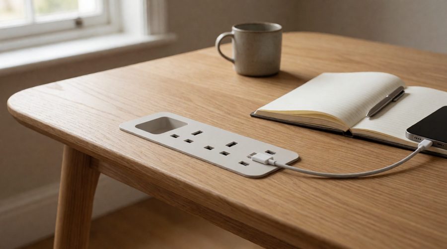 Office desk with power sockets set into the desktop, with UK three-pin sockets and USB ports