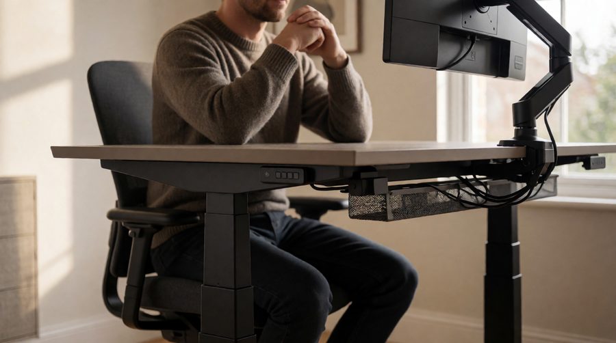 Man sitting at a height adjustable desk lowered to seated height with a monitor arm and cable tray