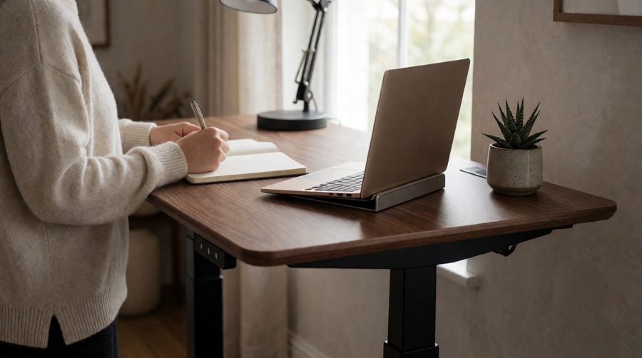Walnut-effect standing desk 140 x 70 with a black frame raised to standing height in a home office