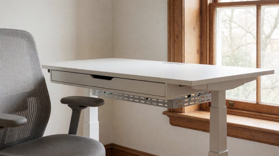 White 140cm sit-stand desk with a drawer and cable tray at sitting height by a window