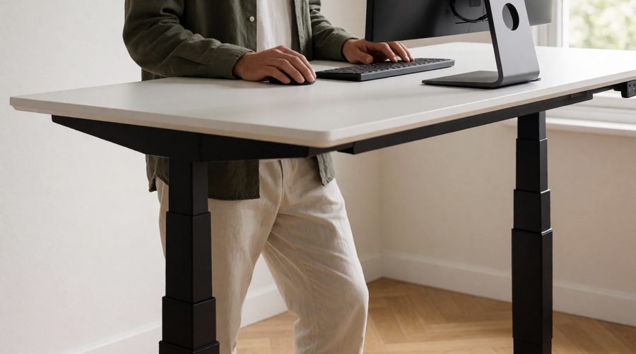 White standing desk 160 x 80 with a black three-stage frame raised to standing height