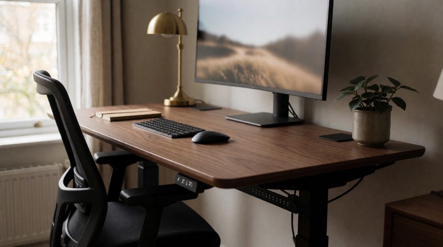 Walnut-effect 160cm standing desk at sitting height with a large monitor set back on the deep top