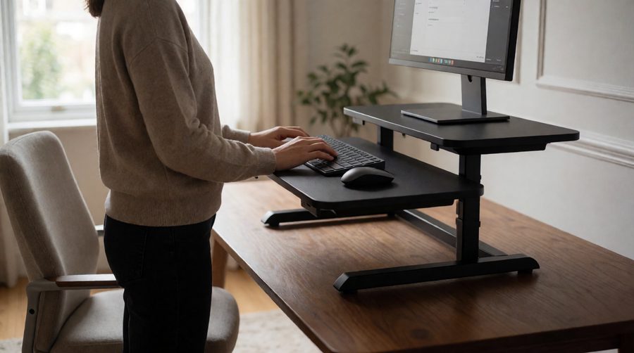 Standing desk converter raised on a wooden home office desk with a monitor and keyboard tray