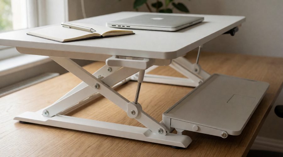 White X-frame gas spring desk riser with keyboard tray on a wooden desk