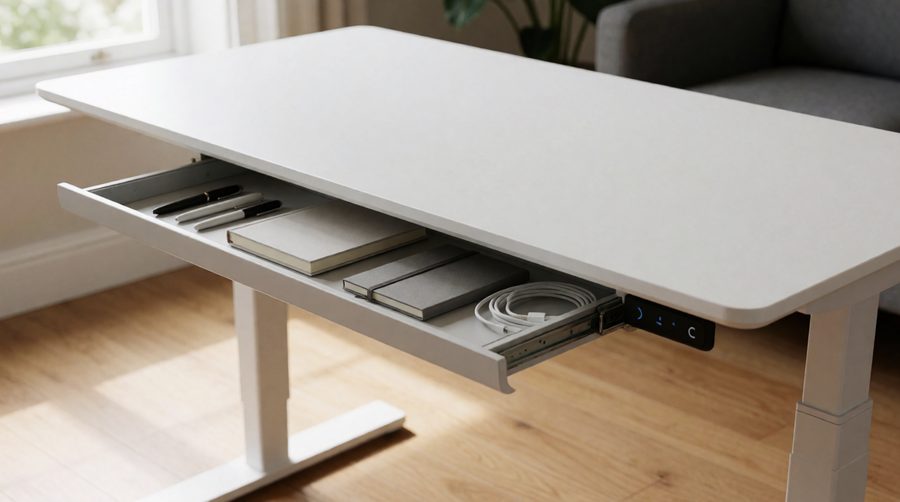 White standing desk with drawers, pull-out tray open with pens, notebooks and a cable
