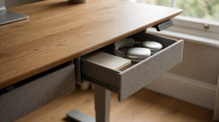 Wooden sit stand desk with two grey fabric drawers, one open with headphones and notepads
